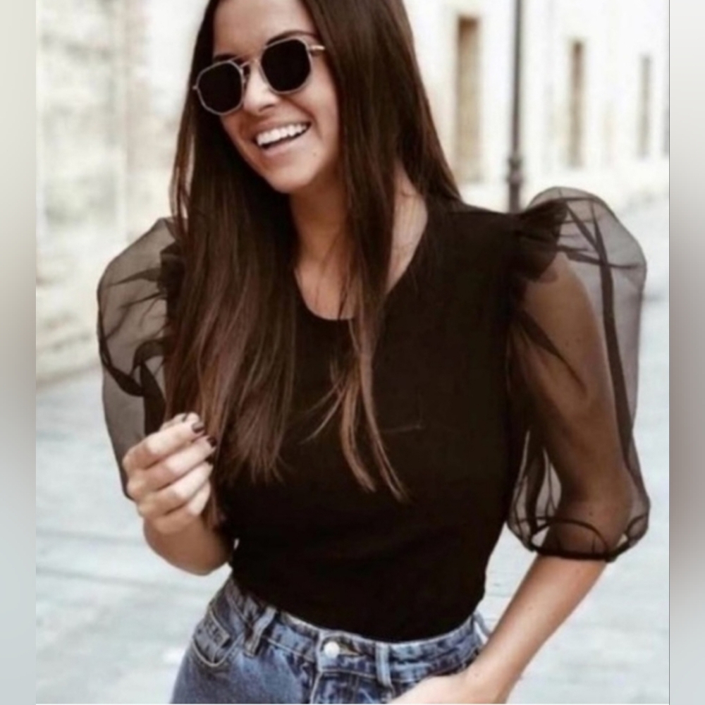 Zara Black Sheer Sleeve Blouse